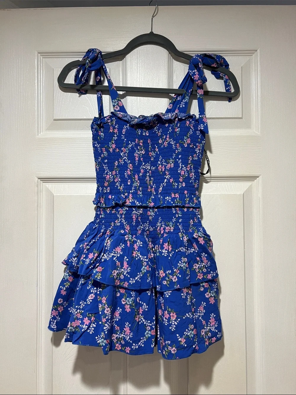 Girls Katie J Emerson Blue Floral Ruffle Skirted Dress with Tie Straps size L